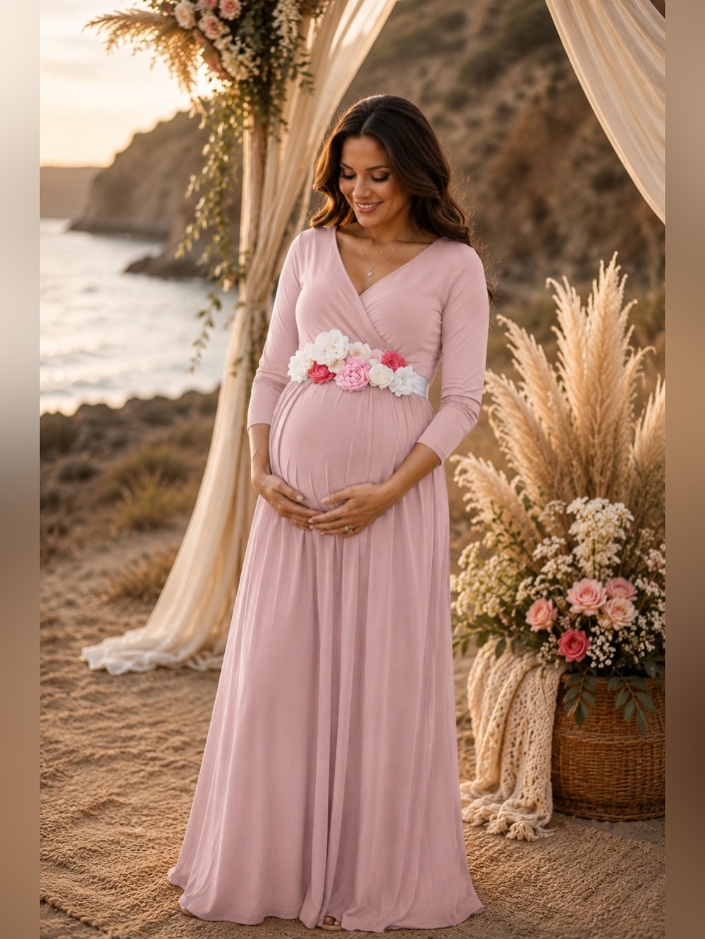 🌸 KIM S Maternity Maxi Dress-Flower Sash-Wrapped Ruched VNeck-Baby Shower Dress